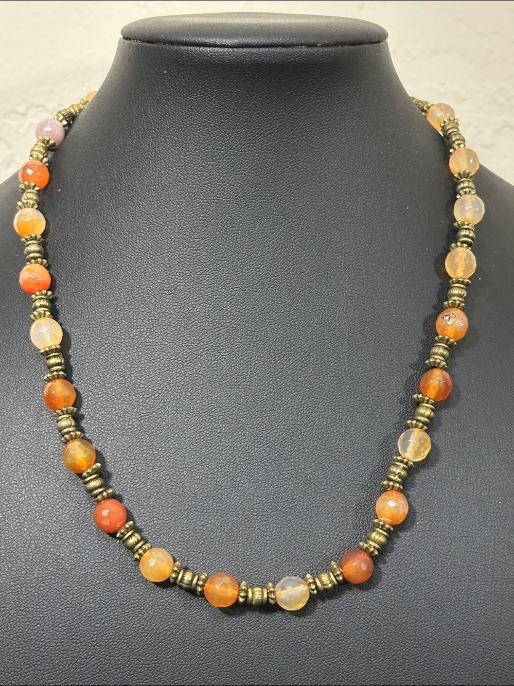 Natural Orange Agate Bead Faceted Necklace Bronze Spacers Toggle Clasp